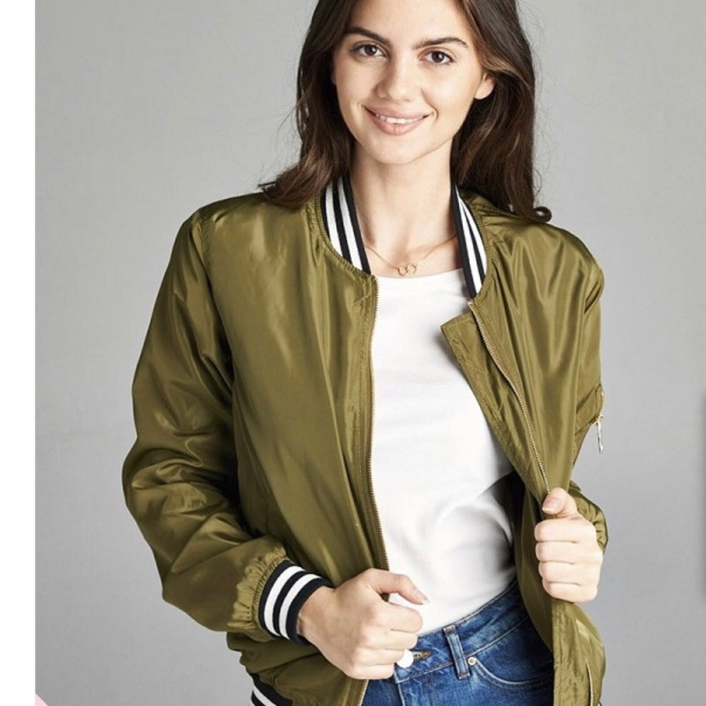 Olive Green Varsity Stripe Bomber